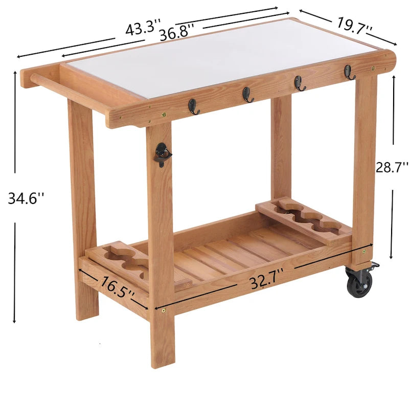Chariot de service pour barbecue d'extérieur à 2 étagères marron avec plateau en acier inoxydable, roues, crochets, porte-bière et décapsuleur