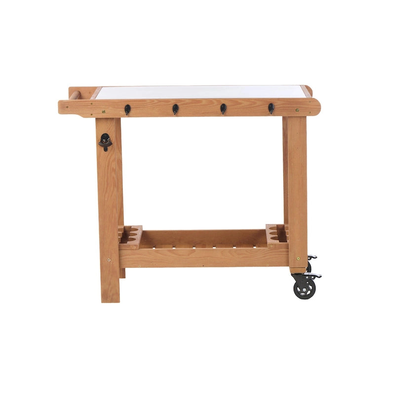 Chariot de service pour barbecue d'extérieur à 2 étagères marron avec plateau en acier inoxydable, roues, crochets, porte-bière et décapsuleur