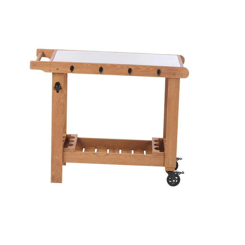 Chariot de service pour barbecue d'extérieur à 2 étagères marron avec plateau en acier inoxydable, roues, crochets, porte-bière et décapsuleur