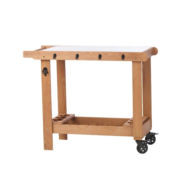 Chariot de service pour barbecue d'extérieur à 2 étagères marron avec plateau en acier inoxydable, roues, crochets, porte-bière et décapsuleur