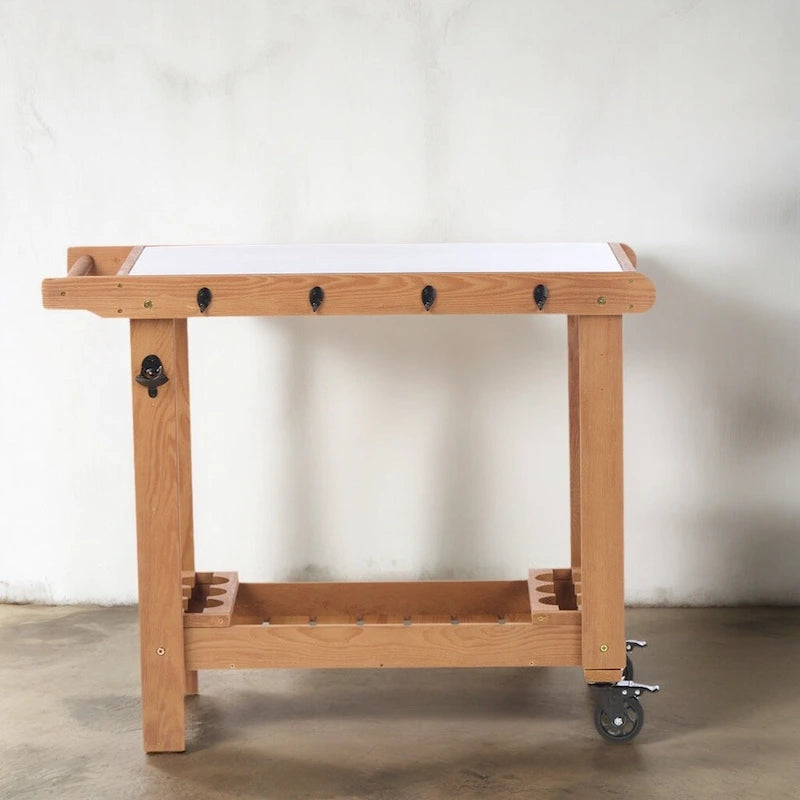 Chariot de service pour barbecue d'extérieur à 2 étagères marron avec plateau en acier inoxydable, roues, crochets, porte-bière et décapsuleur