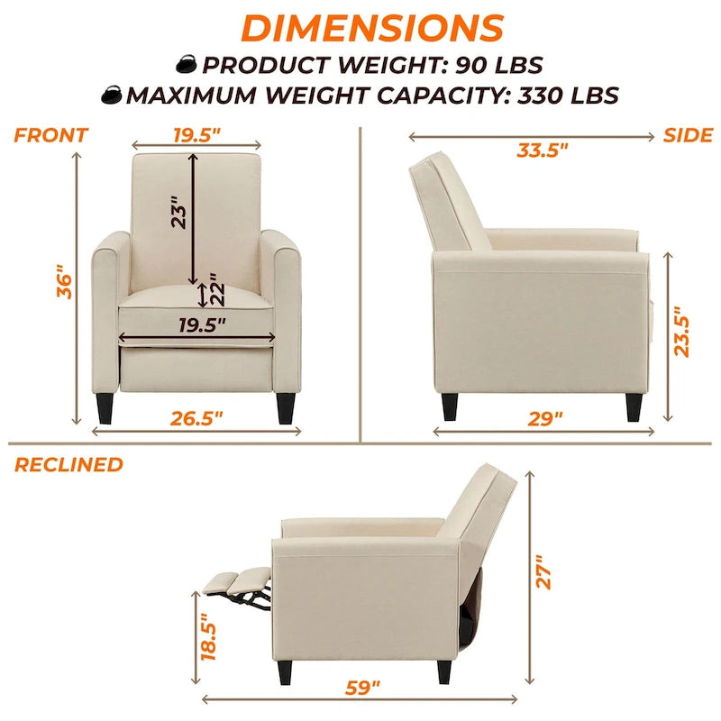 Fauteuil inclinable à pousser avec soutien lombaire en mousse à mémoire de forme et repose-pieds réglable, 1 place, plusieurs coloris