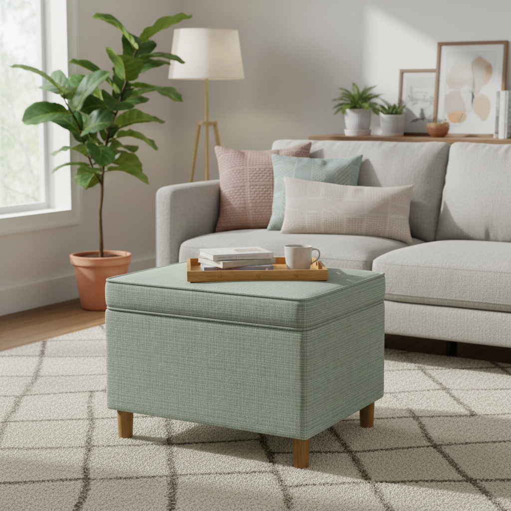 Pouffe de rangement rectangulaire vert sauge et marron avec couvercle à charnière et tissu tissé, 1 place