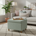 Pouffe de rangement rectangulaire vert sauge et marron avec couvercle à charnière et tissu tissé, 1 place