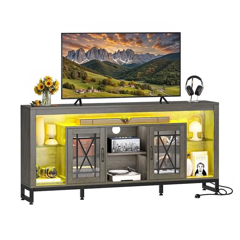 Meuble TV gris avec lumières LED et prises de courant, convient aux téléviseurs jusqu'à 75", 73" de large