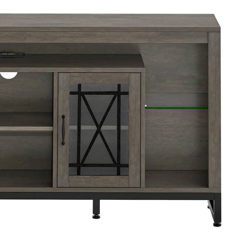 Meuble TV gris avec lumières LED et prises de courant, convient aux téléviseurs jusqu'à 75", 73" de large