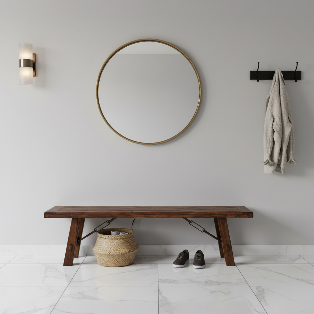Banc de salle à manger rustique marron et argenté avec bois d'acajou et entretoise à tendeur métallique, 3-4 places