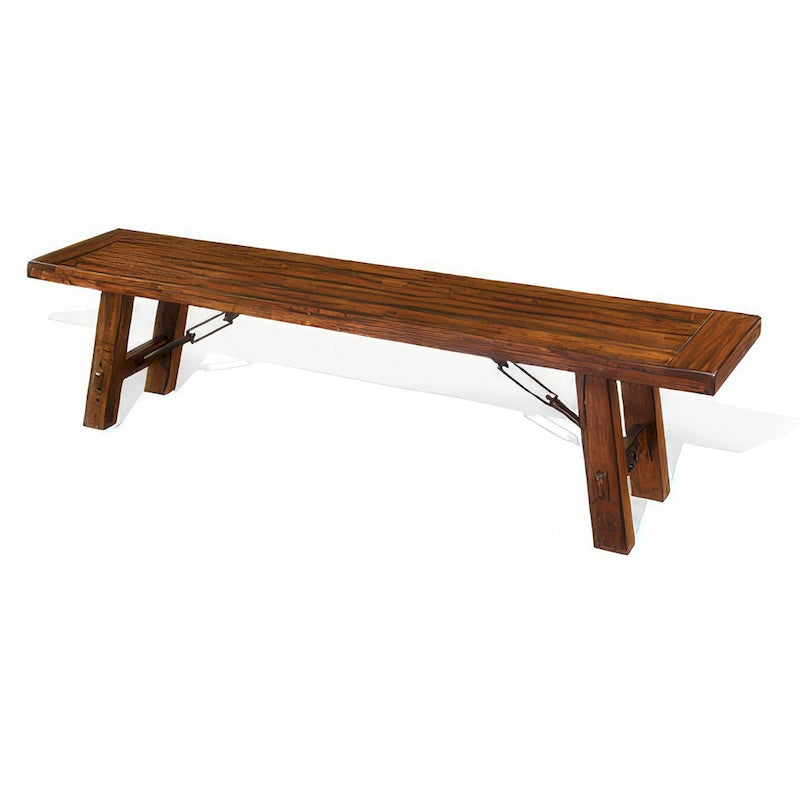 Banc de salle à manger rustique marron et argenté avec bois d'acajou et entretoise à tendeur métallique, 3-4 places