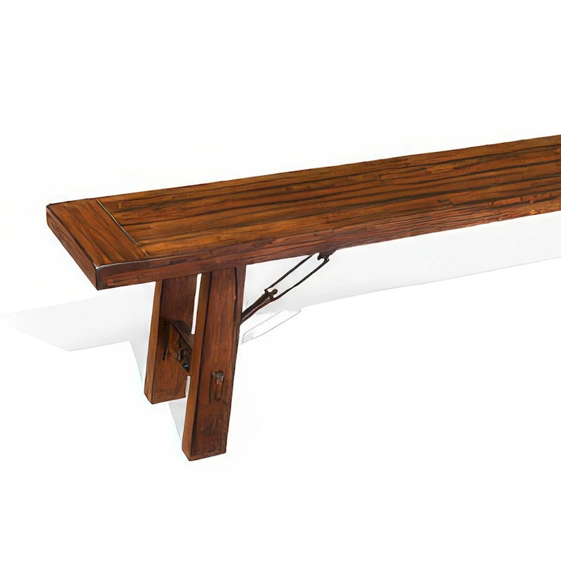 Banc de salle à manger rustique marron et argenté avec bois d'acajou et entretoise à tendeur métallique, 3-4 places