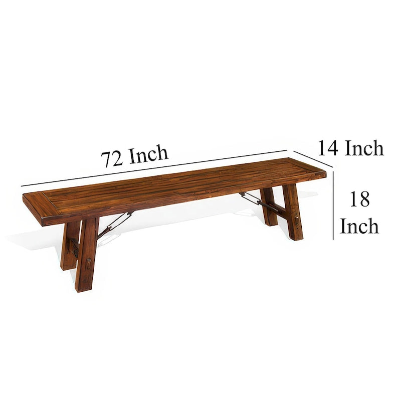 Banc de salle à manger rustique marron et argenté avec bois d'acajou et entretoise à tendeur métallique, 3-4 places