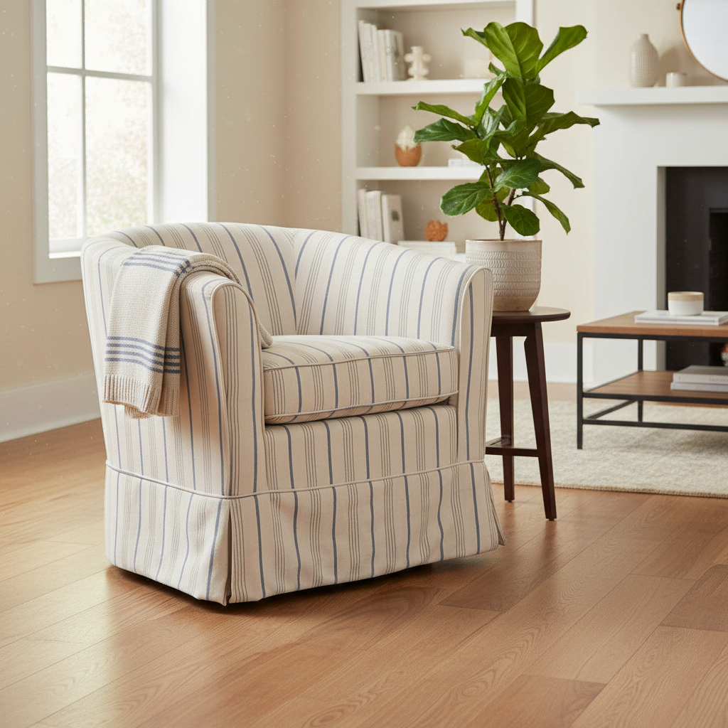 Fauteuil pivotant rond à dossier enveloppant en tissu rayé blanc et gris avec base en fer, 1 place