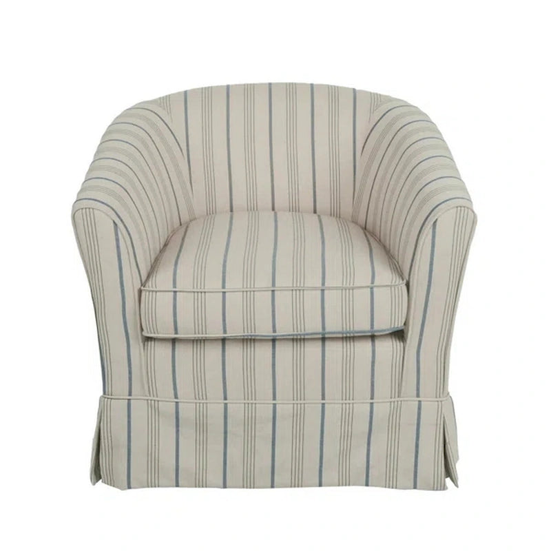 Fauteuil pivotant rond à dossier enveloppant en tissu rayé blanc et gris avec base en fer, 1 place