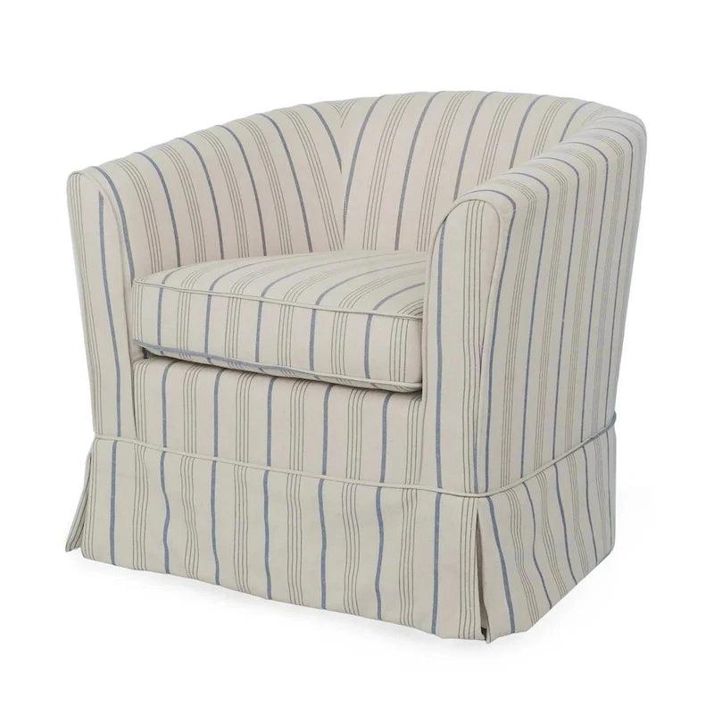 Fauteuil pivotant rond à dossier enveloppant en tissu rayé blanc et gris avec base en fer, 1 place