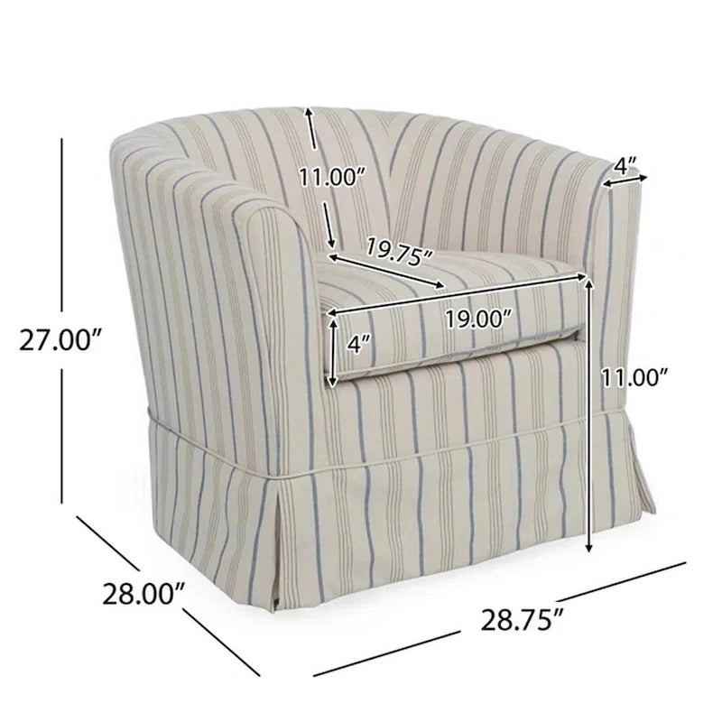 Fauteuil pivotant rond à dossier enveloppant en tissu rayé blanc et gris avec base en fer, 1 place