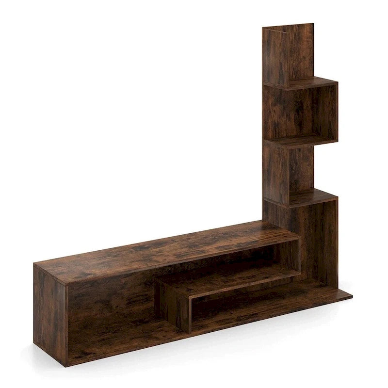 Meuble TV Cube Marron Rustique avec Étagères en Forme de L, Convient aux TV jusqu'à 50", 147 cm de Large