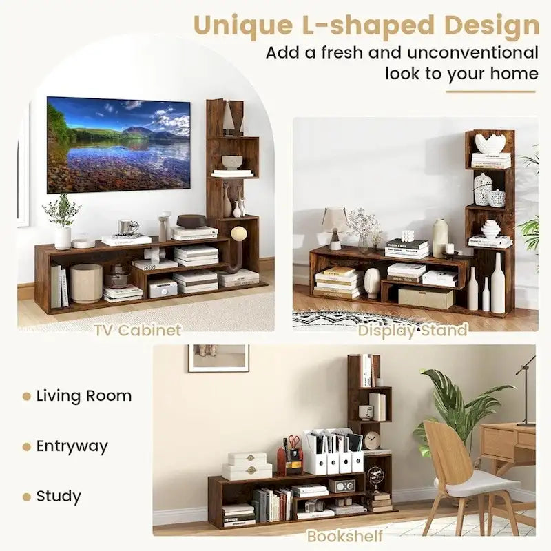 Meuble TV Cube Marron Rustique avec Étagères en Forme de L, Convient aux TV jusqu'à 50", 147 cm de Large