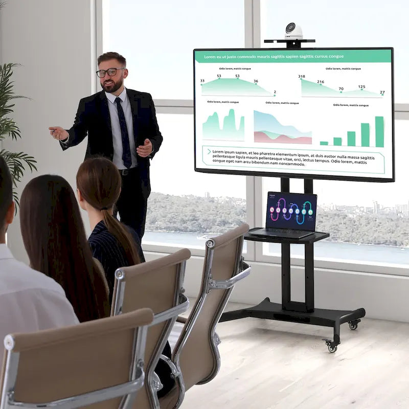 Meuble TV mobile noir avec base en X, plateau et étagère réglables en hauteur, 4 roues verrouillables, pour téléviseurs de 32" à 82"