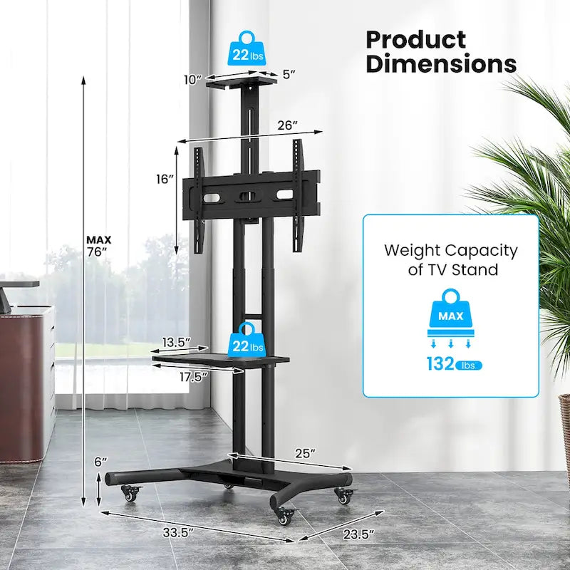 Meuble TV mobile noir avec base en X, plateau et étagère réglables en hauteur, 4 roues verrouillables, pour téléviseurs de 32" à 82"