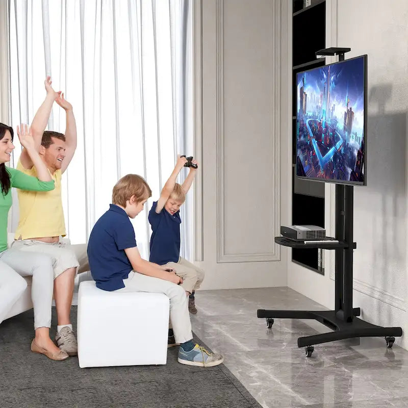 Meuble TV mobile noir avec base en X, plateau et étagère réglables en hauteur, 4 roues verrouillables, pour téléviseurs de 32" à 82"