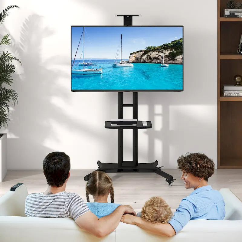 Meuble TV mobile noir avec base en X, plateau et étagère réglables en hauteur, 4 roues verrouillables, pour téléviseurs de 32" à 82"