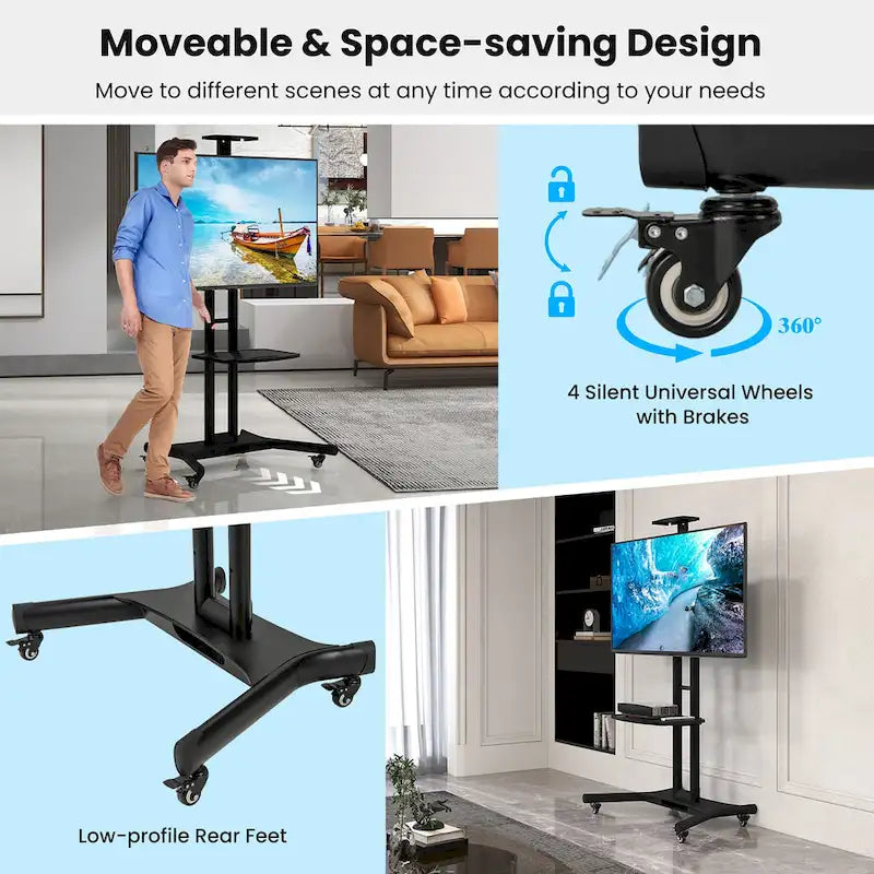 Meuble TV mobile noir avec base en X, plateau et étagère réglables en hauteur, 4 roues verrouillables, pour téléviseurs de 32" à 82"