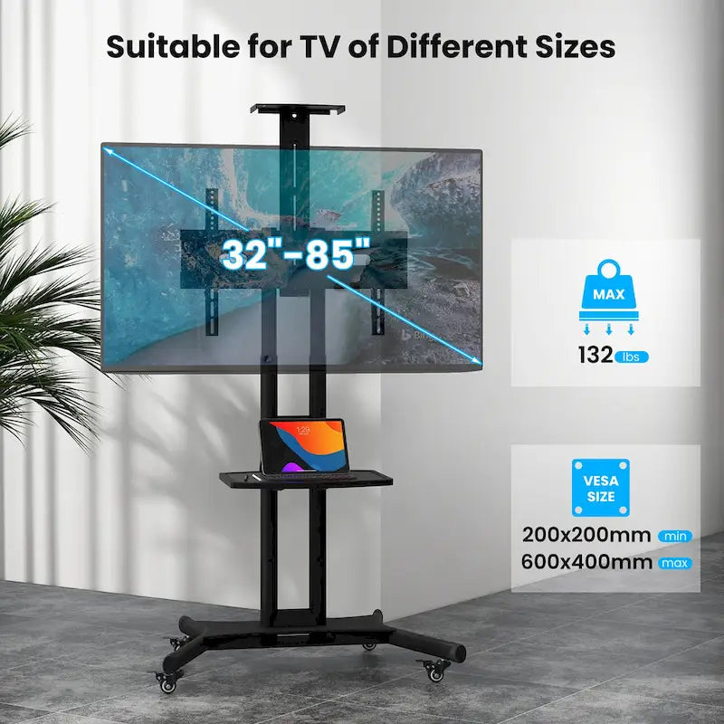 Meuble TV mobile noir avec base en X, plateau et étagère réglables en hauteur, 4 roues verrouillables, pour téléviseurs de 32" à 82"