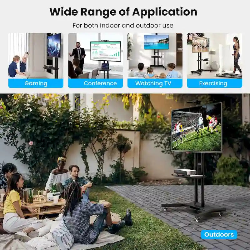 Meuble TV mobile noir avec base en X, plateau et étagère réglables en hauteur, 4 roues verrouillables, pour téléviseurs de 32" à 82"
