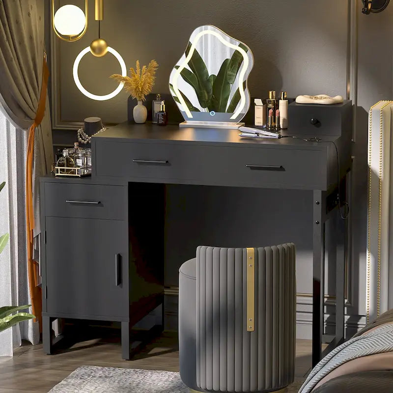 Coiffeuse moderne noire/rose/cyan/blanche avec 4 tiroirs, 1 placard et station de charge, pour 1 personne