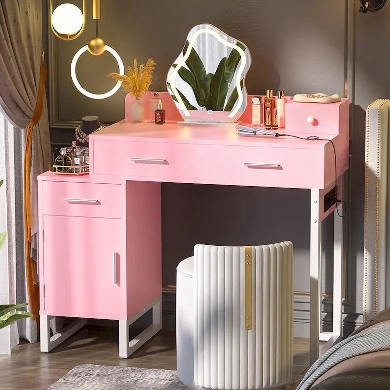 Coiffeuse moderne noire/rose/cyan/blanche avec 4 tiroirs, 1 placard et station de charge, pour 1 personne
