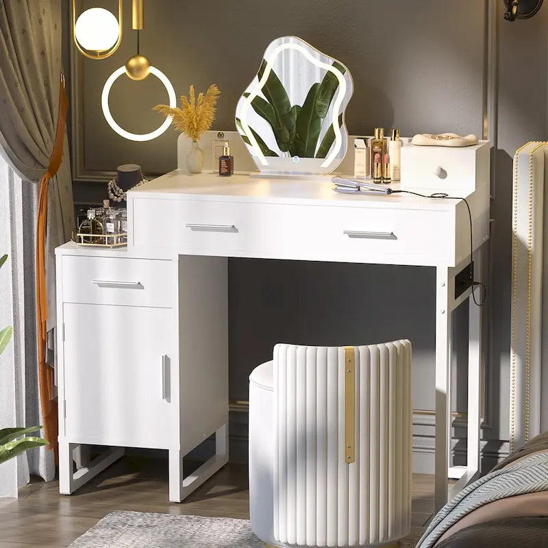 Coiffeuse moderne noire/rose/cyan/blanche avec 4 tiroirs, 1 placard et station de charge, pour 1 personne