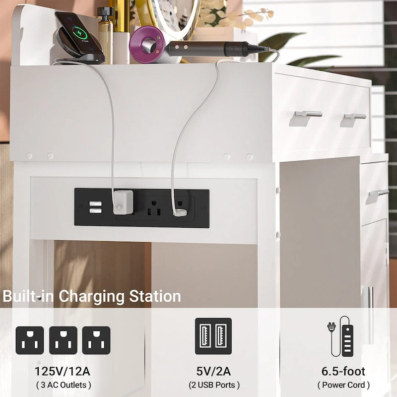 Coiffeuse moderne noire/rose/cyan/blanche avec 4 tiroirs, 1 placard et station de charge, pour 1 personne