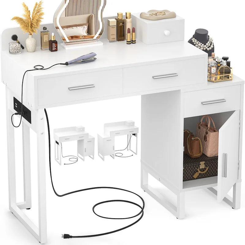Coiffeuse moderne noire/rose/cyan/blanche avec 4 tiroirs, 1 placard et station de charge, pour 1 personne