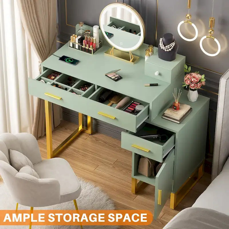 Coiffeuse moderne noire/rose/cyan/blanche avec 4 tiroirs, 1 placard et station de charge, pour 1 personne