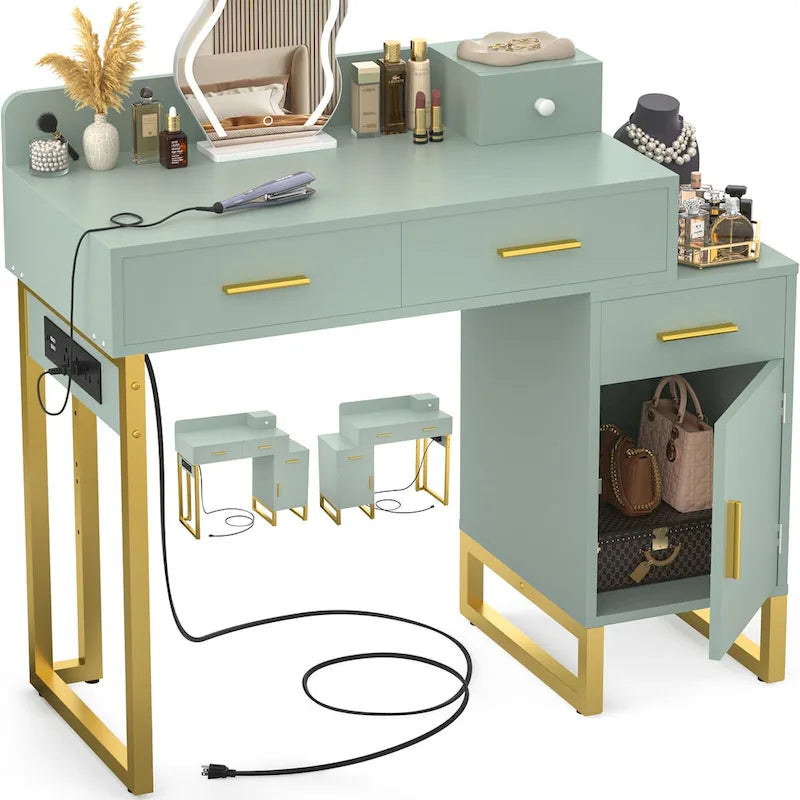 Coiffeuse moderne noire/rose/cyan/blanche avec 4 tiroirs, 1 placard et station de charge, pour 1 personne