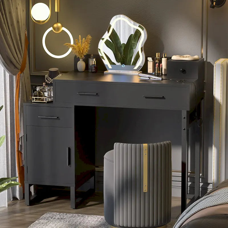 Coiffeuse moderne noire/rose/cyan/blanche avec 4 tiroirs, 1 placard et station de charge, pour 1 personne