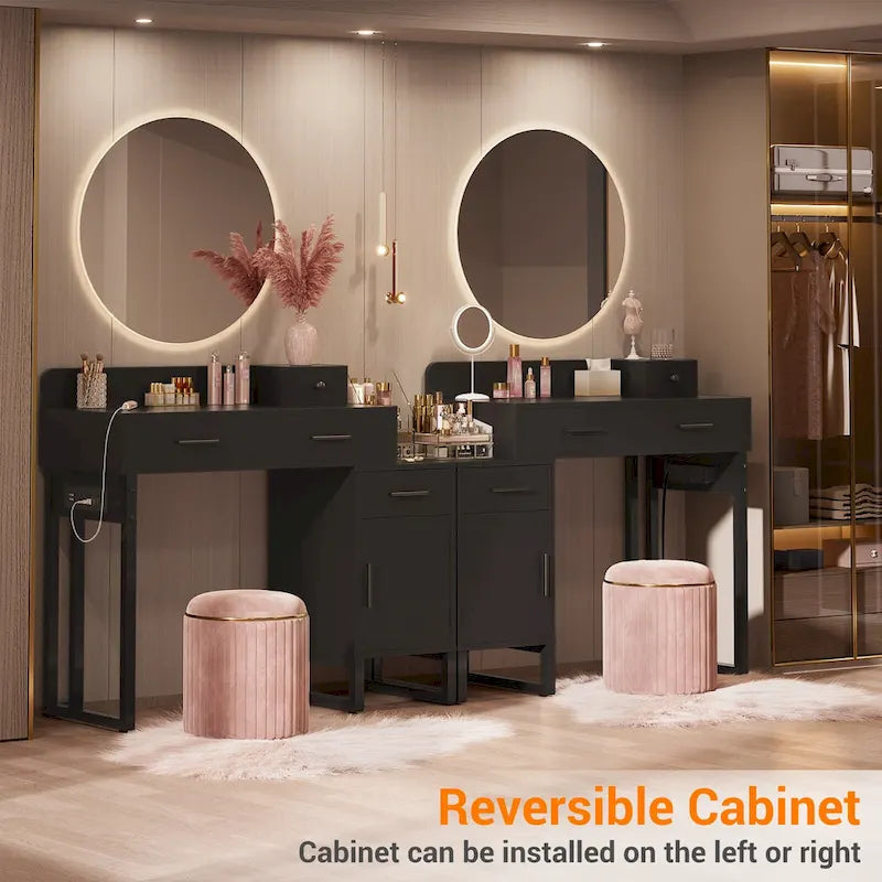 Coiffeuse moderne noire/rose/cyan/blanche avec 4 tiroirs, 1 placard et station de charge, pour 1 personne