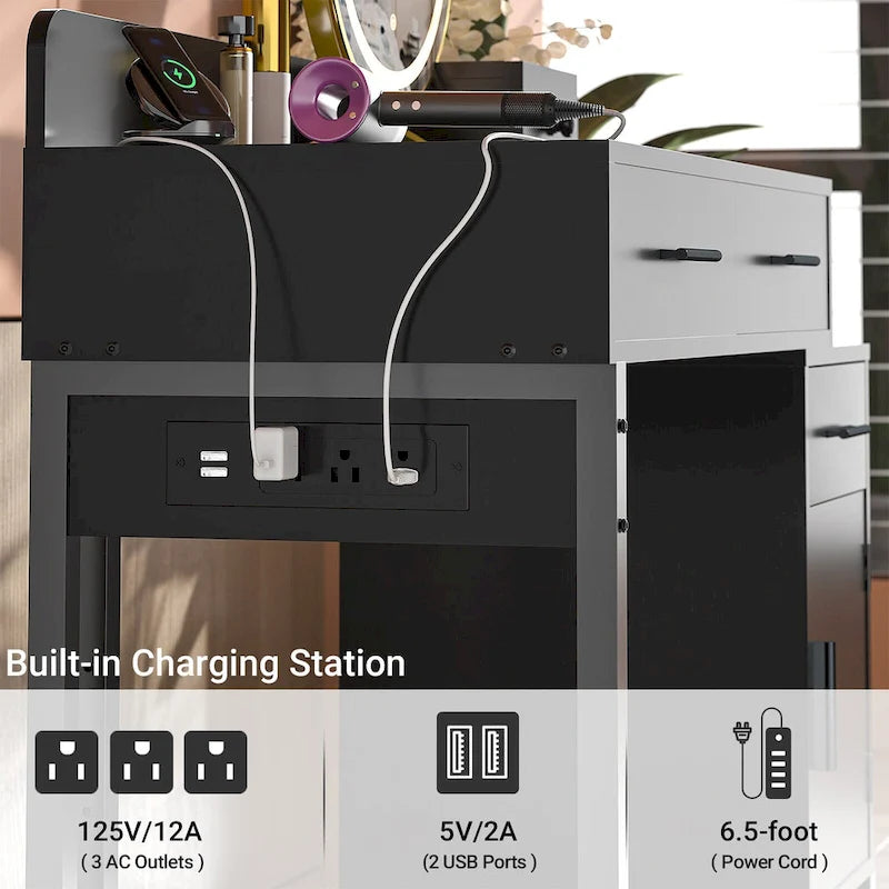 Coiffeuse moderne noire/rose/cyan/blanche avec 4 tiroirs, 1 placard et station de charge, pour 1 personne