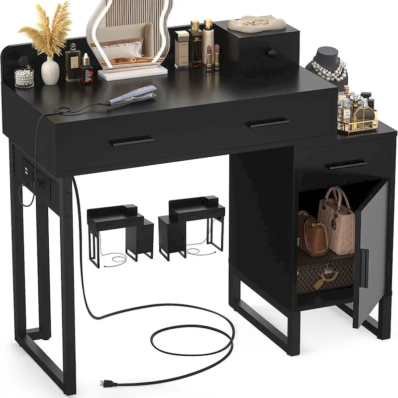 Coiffeuse moderne noire/rose/cyan/blanche avec 4 tiroirs, 1 placard et station de charge, pour 1 personne