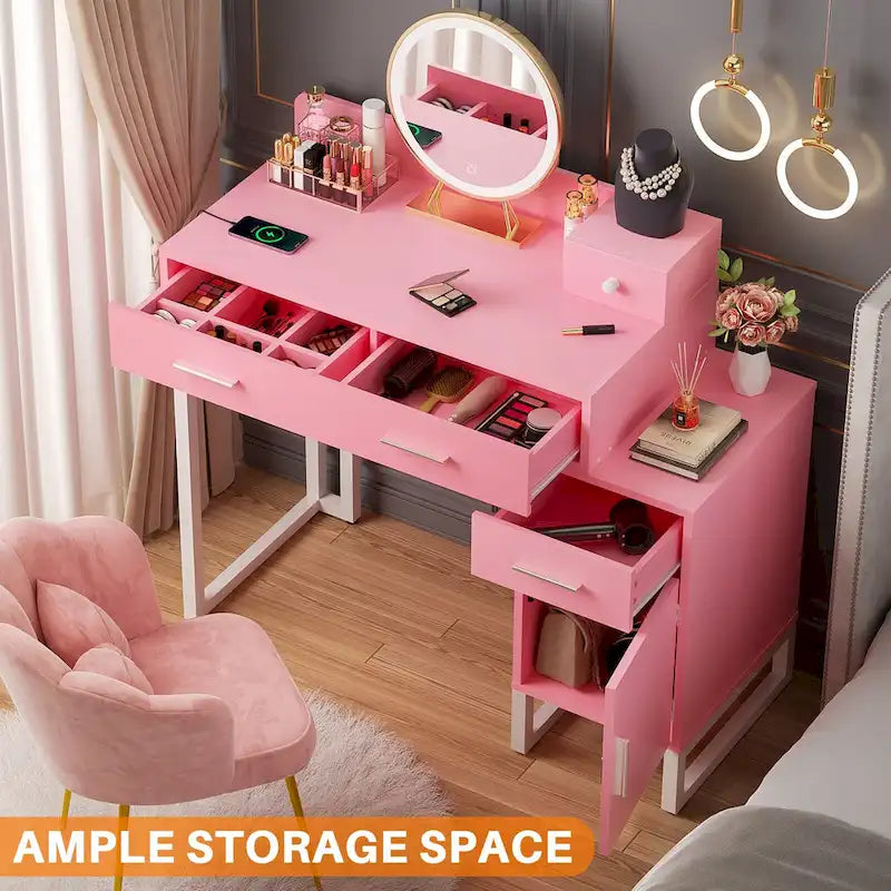 Coiffeuse moderne noire/rose/cyan/blanche avec 4 tiroirs, 1 placard et station de charge, pour 1 personne