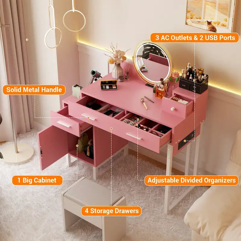 Coiffeuse moderne noire/rose/cyan/blanche avec 4 tiroirs, 1 placard et station de charge, pour 1 personne