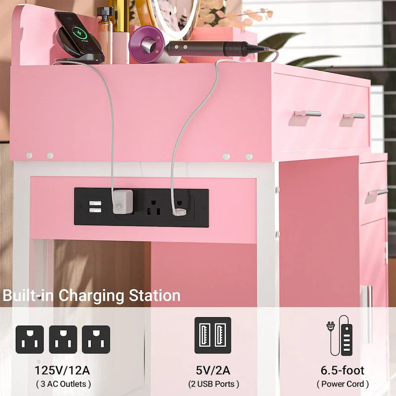 Coiffeuse moderne noire/rose/cyan/blanche avec 4 tiroirs, 1 placard et station de charge, pour 1 personne