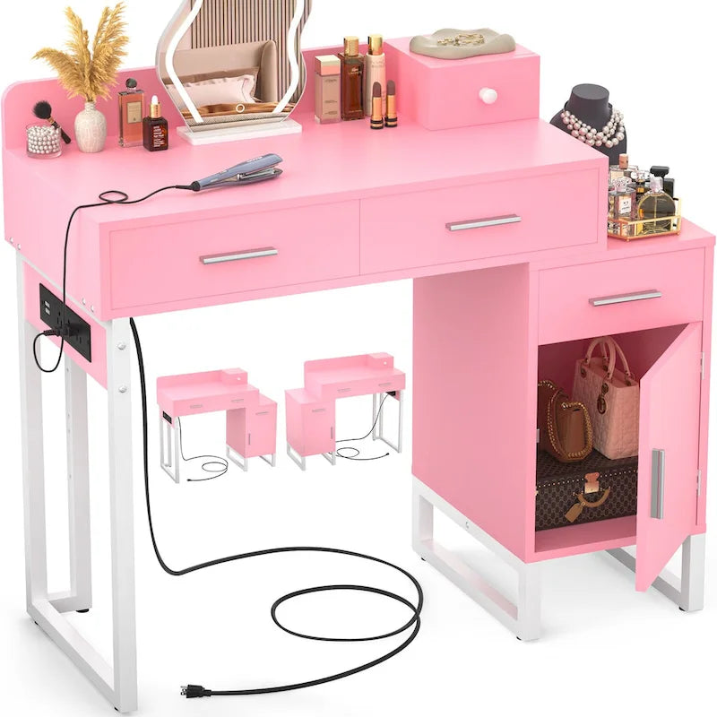 Coiffeuse moderne noire/rose/cyan/blanche avec 4 tiroirs, 1 placard et station de charge, pour 1 personne