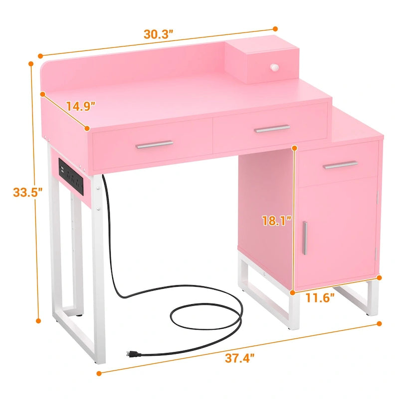 Coiffeuse moderne noire/rose/cyan/blanche avec 4 tiroirs, 1 placard et station de charge, pour 1 personne