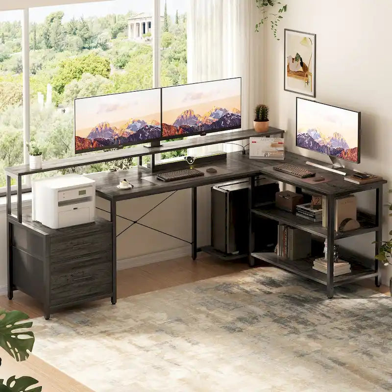 Bureau d'angle réversible Chêne gris/Marron rustique/Chêne blanc/Noir/Blanc avec support d'écran, tiroirs classeurs, bande LED RGB et station de charge, pour 1 personne