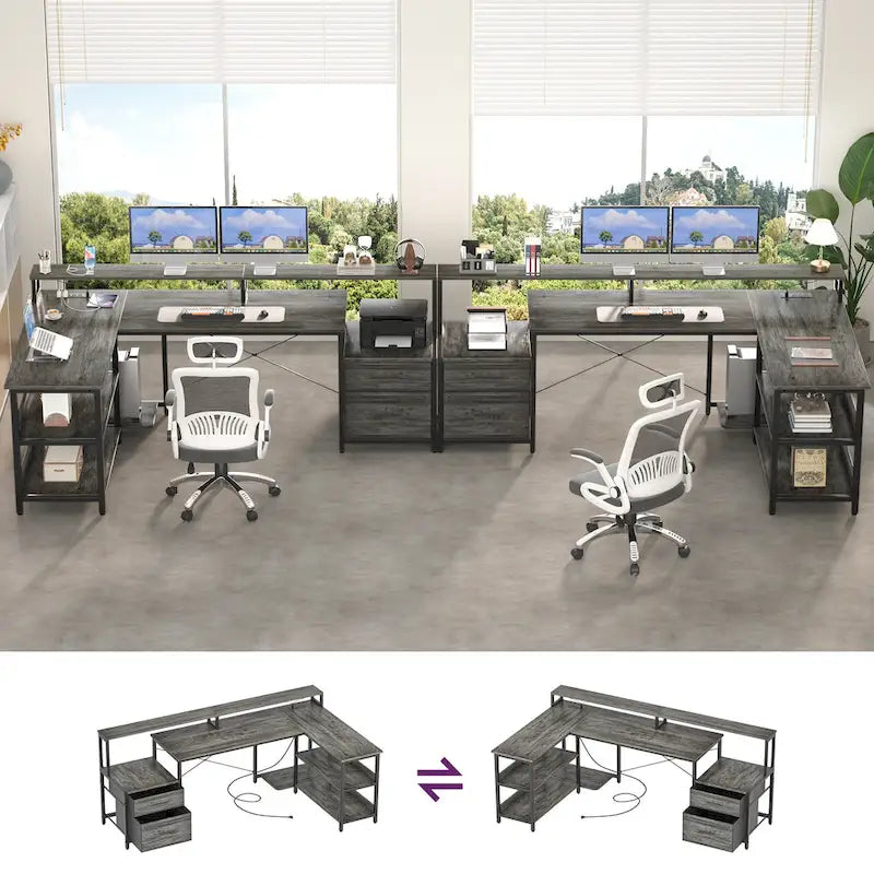 Bureau d'angle réversible Chêne gris/Marron rustique/Chêne blanc/Noir/Blanc avec support d'écran, tiroirs classeurs, bande LED RGB et station de charge, pour 1 personne