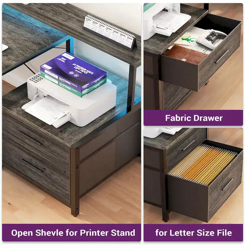 Bureau d'angle réversible Chêne gris/Marron rustique/Chêne blanc/Noir/Blanc avec support d'écran, tiroirs classeurs, bande LED RGB et station de charge, pour 1 personne