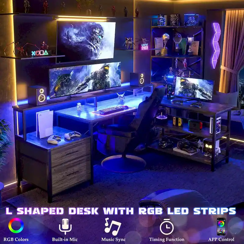 Bureau d'angle réversible Chêne gris/Marron rustique/Chêne blanc/Noir/Blanc avec support d'écran, tiroirs classeurs, bande LED RGB et station de charge, pour 1 personne