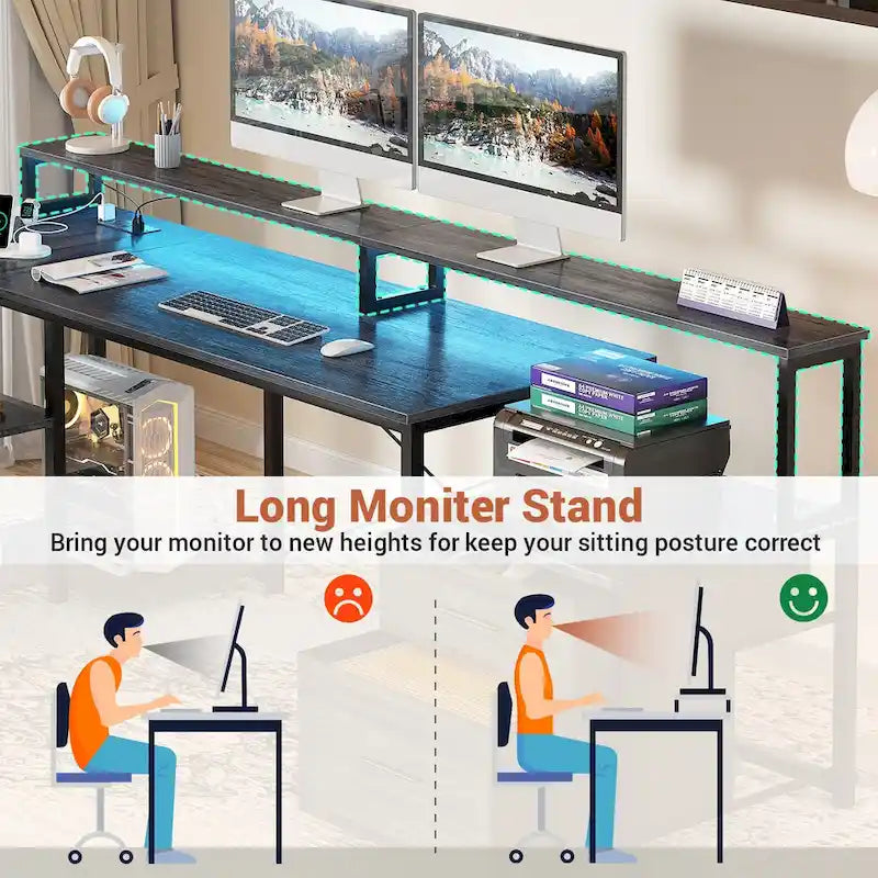 Bureau d'angle réversible Chêne gris/Marron rustique/Chêne blanc/Noir/Blanc avec support d'écran, tiroirs classeurs, bande LED RGB et station de charge, pour 1 personne