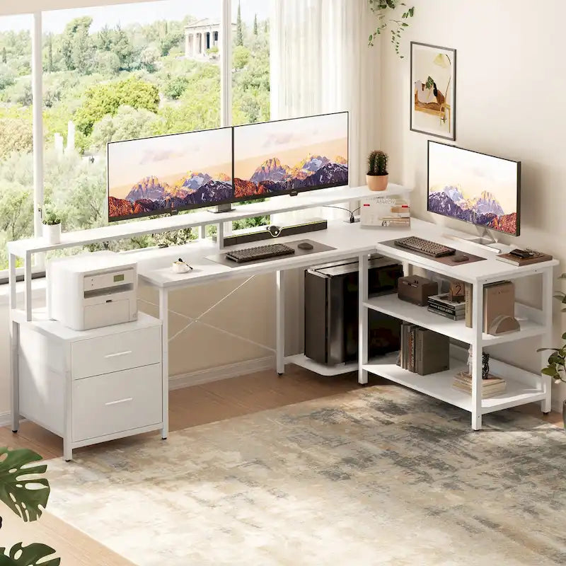Bureau d'angle réversible Chêne gris/Marron rustique/Chêne blanc/Noir/Blanc avec support d'écran, tiroirs classeurs, bande LED RGB et station de charge, pour 1 personne