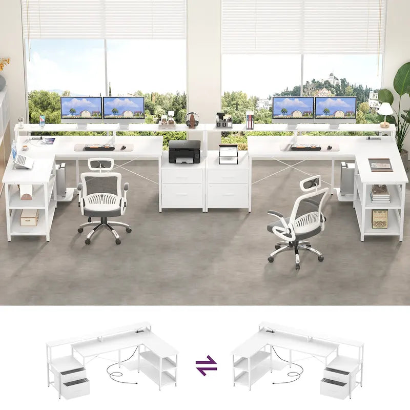 Bureau d'angle réversible Chêne gris/Marron rustique/Chêne blanc/Noir/Blanc avec support d'écran, tiroirs classeurs, bande LED RGB et station de charge, pour 1 personne